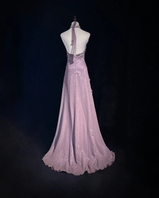 Vintage Prom Dresses A line Halter Lilac Chiffon With Ruffles Beading Long Formal Dress N2465
