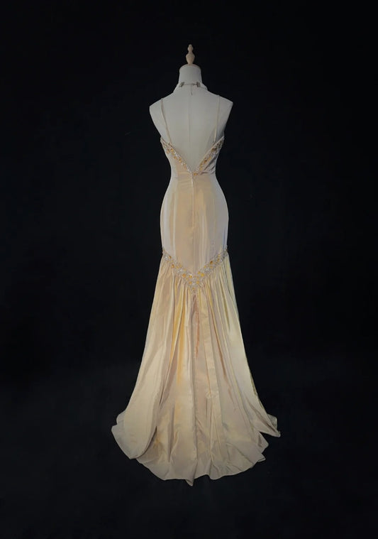 Vintage Prom Dresses Inspo Mermaid Spaghetti Strap Yellow Taffeta Long 1990s With Beading Formal Gowns N3328