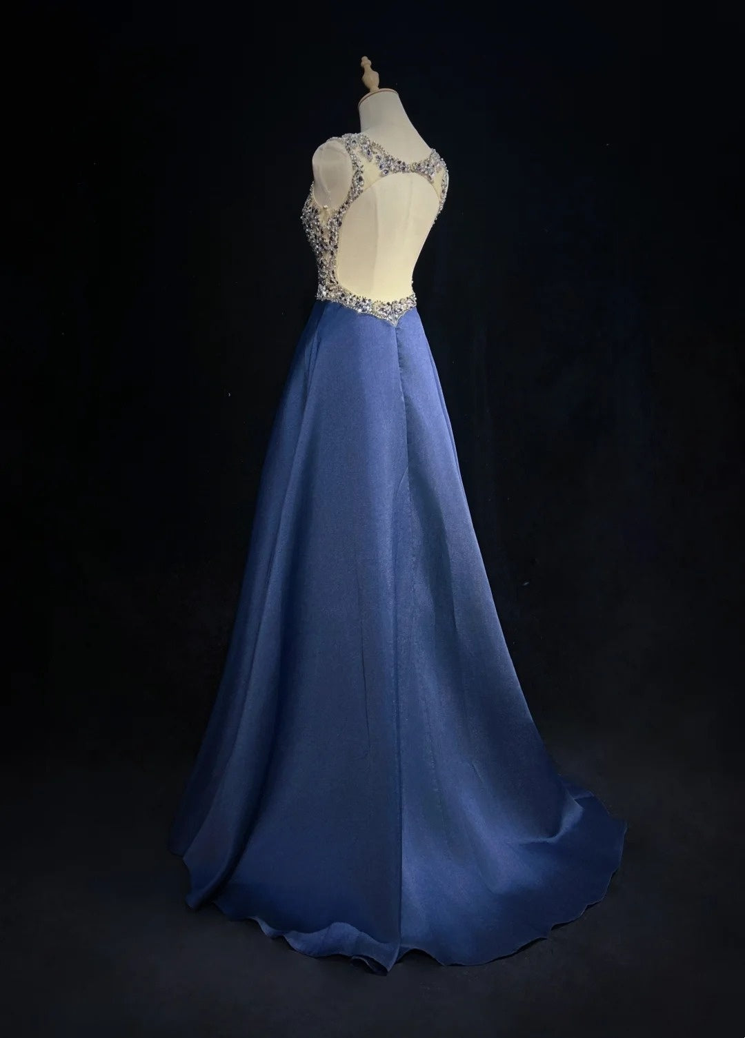 Robes de bal vintage coupe trapèze col rond bleu marine satin années 80 avec perles longues tenues de soirée formelles N4220