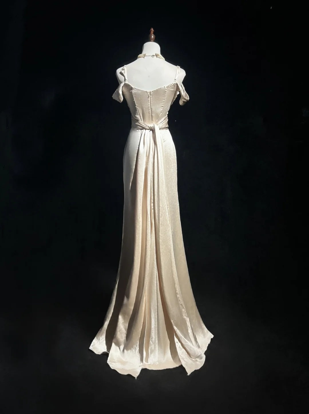 Robes de bal vintage des années 80 sirène à fines bretelles en satin couleur champagne, robes de soirée longues N3458