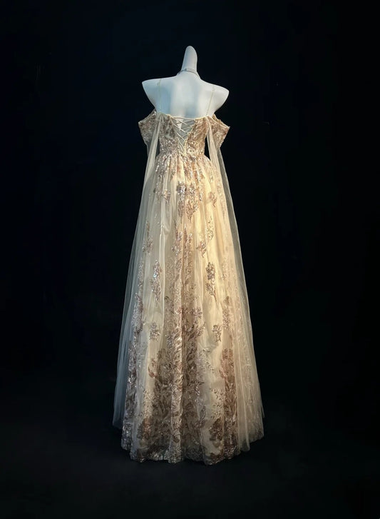 Vintage Prom Dresses A line Spaghetti Strap Gold Lace With Cape 80s Evening Formal Dress RB3267