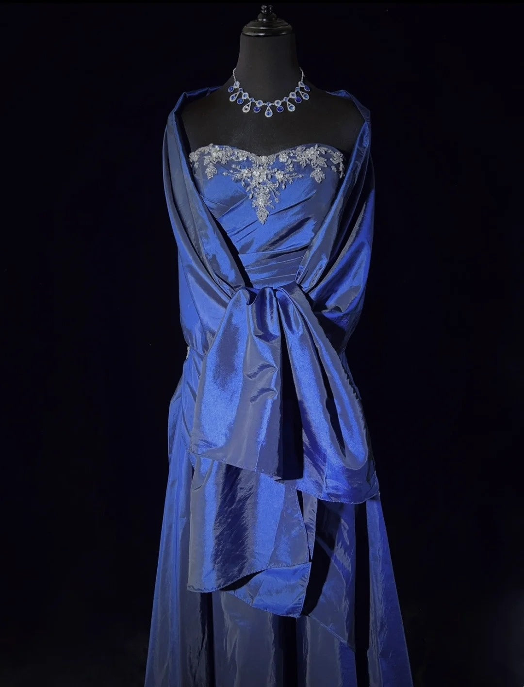 Robes de Bal Vintage, Coupe A-ligne, Col Cœur, Taffetas Bleu Marine, Cape Perlé Années 90, Longue Robe de Soirée N2904
