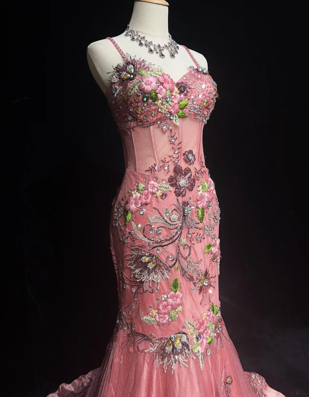 Vintage Abschlussballkleider Meerjungfrau Spaghettiträger Rosa Spitze mit Perlen 90er Lange Abendrobe N2890