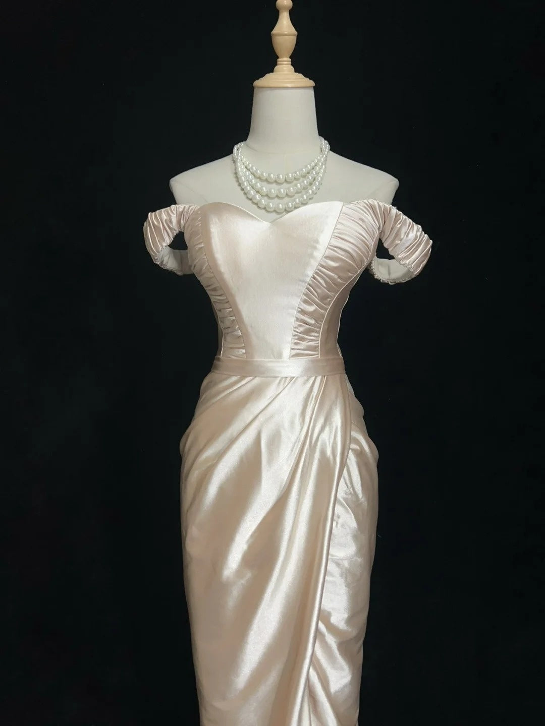 Robes de bal vintage des années 90, sirène, épaules dénudées, en satin champagne, longue robe de bal N3010