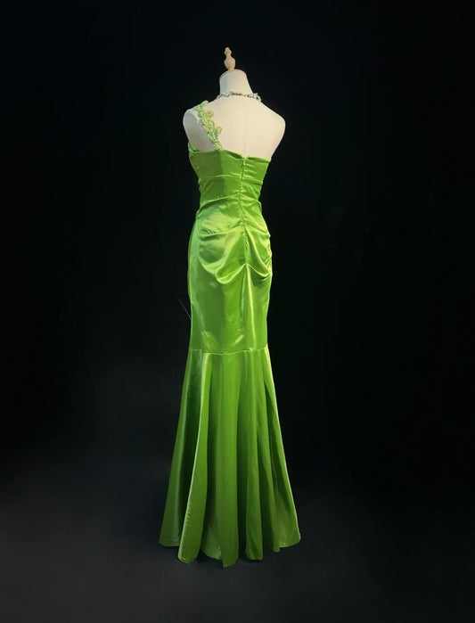 Vintage Prom Dresses Mermaid One Shoulder Light Green Satin With Beading Long Formal Dress N2450
