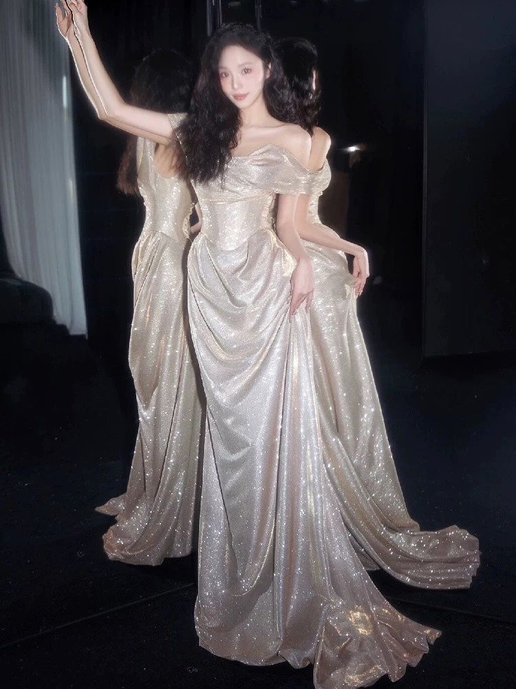 Champagnerfarbenes Pailletten-Abendkleid im Meerjungfrauenstil, bodenlang, trägerlos, schulterfrei, für besondere Anlässe AB968