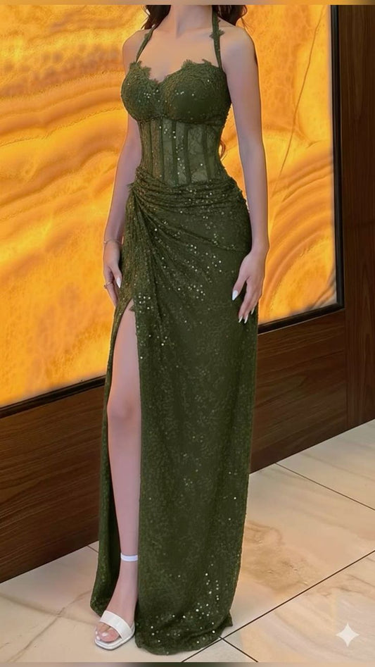 Sexy Mermaid Halter Burgundy Lace With Split Prom Dresses Long Evening Formal Gown With Pleated Party Gowns N351