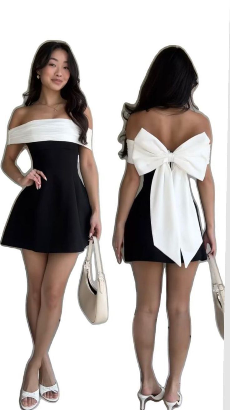 Chic A Line Off The Shoulder Black With White Bow Satin Mini Short Party Outfits Homecoming Dresses RB4247