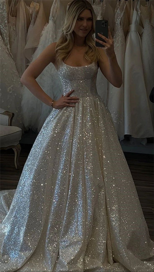 Shiny Wedding Dresses Boho Sweetheart Sequin Spaghetti Strap A-Line Birthday Gowns AB930