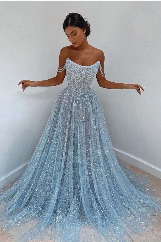 Sky Blue Off-the-Shoulder Prom Dress Long with Sequins AB929