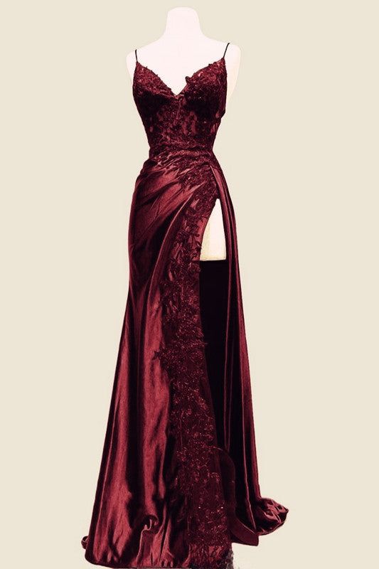Straps Wine Red V Neck Satin Lace Long Prom Dresses AB1612
