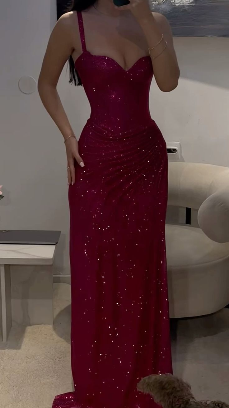 Elegantes Meerjungfrauen-Abendkleid mit Spaghettiträgern, pinkfarbenen Pailletten und Rüschen, langes Brautjungfernkleid AB1619