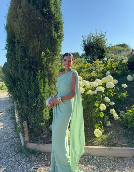 Simple Mermaid One Shoulder Draped Design Maxi Dress Green Beach Summer Garden Inspiration Wedding Guest Dresses N2466