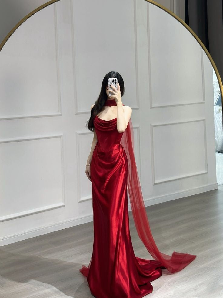 Sexy Meerjungfrauenkleid für besondere Anlässe, burgunderrot, trägerlos, mit Schal, Partykleid, Abendkleid AB2093