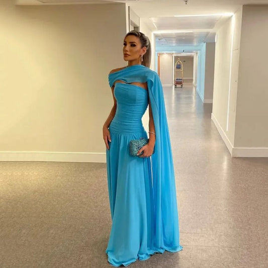 Gorgeous A line Blue Prom Dresses Strapless Evening Dress Women Wedding Guest Dress Party Gown Formal Gowns AB392