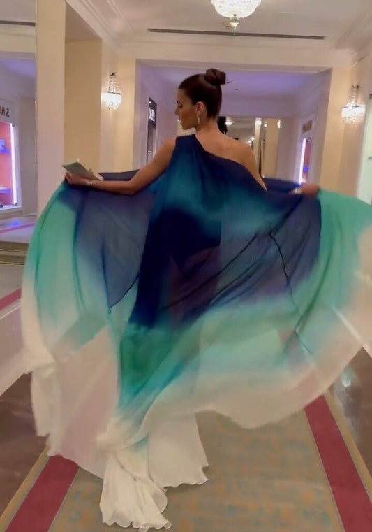 Modest A line One Shoulder Chiffon Multi Ombre Color Green Blue Senior Prom Dresses Long Formal Party Gown AB389
