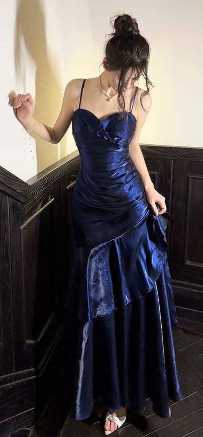 Fashion Burgundy Ruffle Long Prom Dresses Spaghetti Straps Dance Dress AB1613
