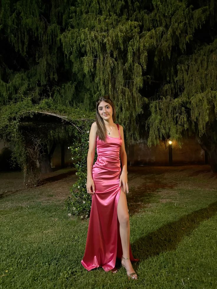 Modest Mermaid Square Neck Hot Pink Satin With Pleated Long Slit Tight Formal Gown Prom Dresses Evening Gowns AB769