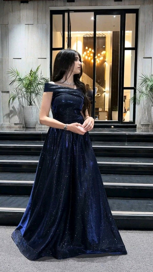 A Line Dark Navy Off-The-Shoulder Long Train Prom Dress Inspo Prom Gown AB1033