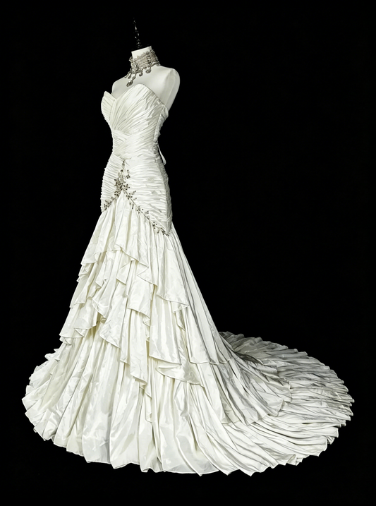 Unique Wedding Dresses Mermaid Sweetheart Satin Layers Tiered Sleeveless White Long Brides Dress N3513