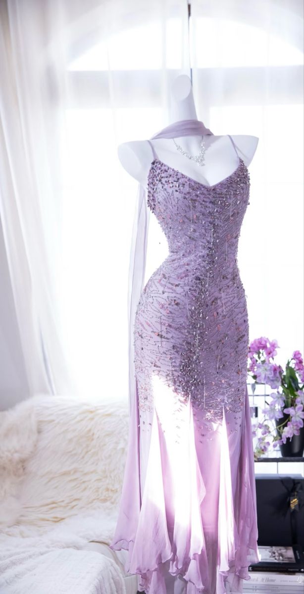 Sparkly Mermaid Spaghetti Strap Chiffon Lilac Prom Dresses Inspo For Teens Formal Dress Party Outfits Prom Gowns AB085