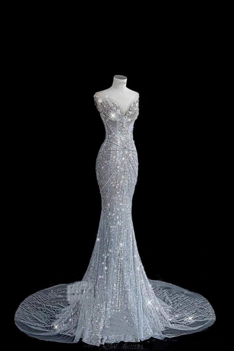 Elegantes Meerjungfrauen-Abendkleid mit Herzausschnitt, silber-grauen Pailletten, langes Ballkleid, Partykleid AB2168