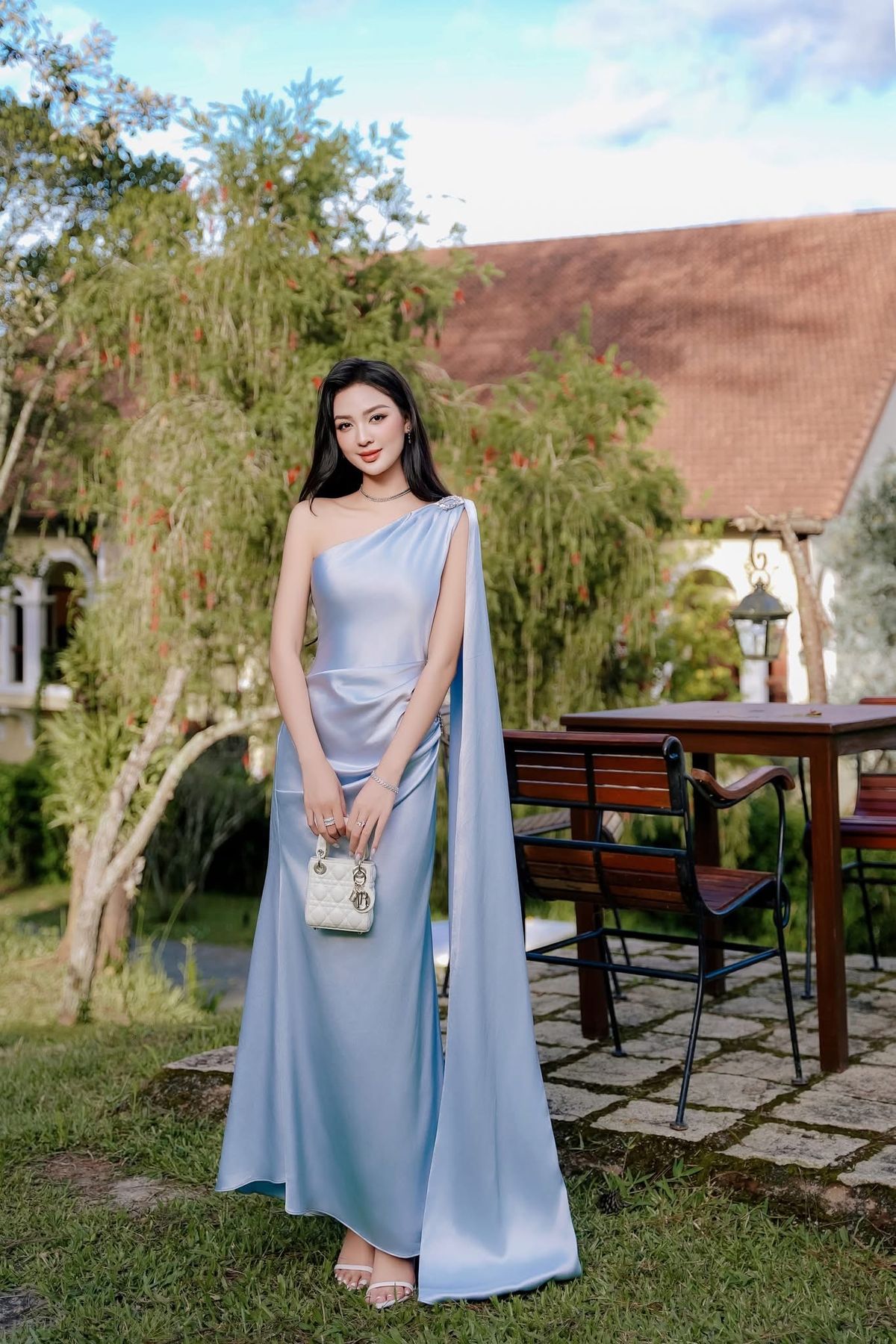 Modest Mermaid High Neck Blue Satin With Ribbon Long Evening Spring Summer Beach Formal Wedding Guest Dress N2778