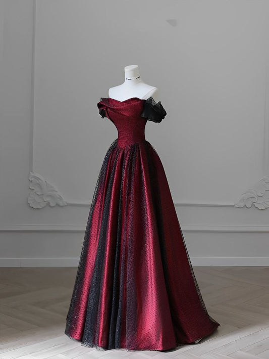 Schwarzes und rotes Tüll-Abendkleid, langes A-Linien-Kleid mit schulterfreiem Schnitt, auch als Hochzeits- oder Partykleid geeignet, Geburtstagskleid AB916