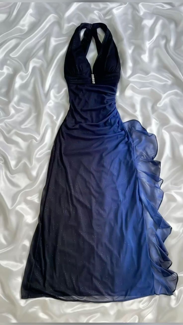 Unique A line Halter Ombre Chiffon Navy Blue Long Prom Dresses Dark Blue Formal Gown Inspo Evening Outfit AB725