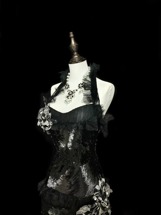 Robe de bal rétro sirène dos nu en tulle noir avec dentelle, sans manches, style années 70, robe de soirée longue et élégante N1500