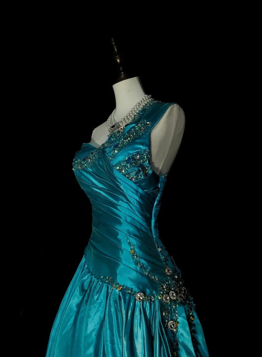 Robe de bal rétro années 70, coupe trapèze, asymétrique, en satin bleu sans manches, robe de soirée longue et élégante N1489
