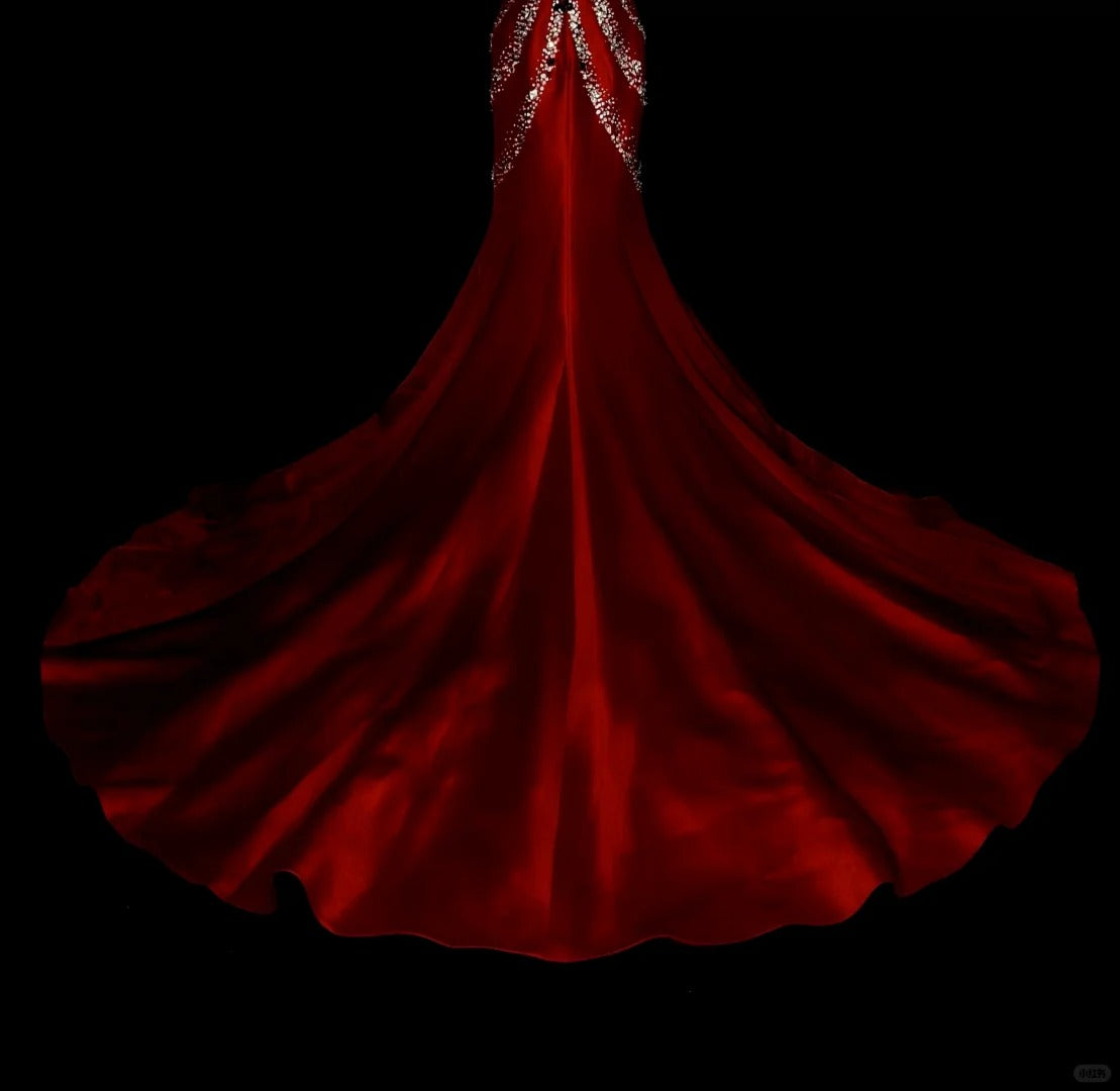 Robe de bal rétro sirène en satin rouge, décolleté cœur, ornée de perles et sans manches, style années 70, robe de soirée longue et élégante N1492