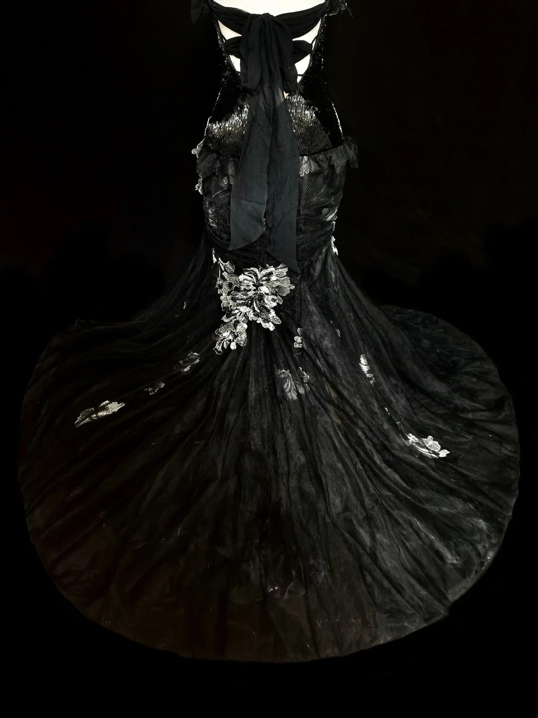 Retro Meerjungfrauen-Halterkleid aus schwarzem Tüll mit Spitze, ärmellos, 70er-Jahre-Stil, langes formelles Abendkleid, N1500