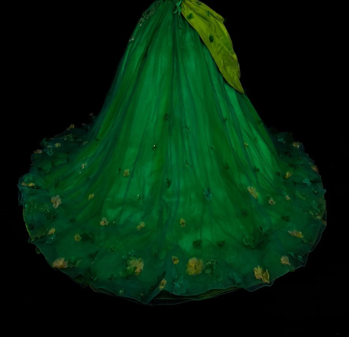 Vintage Ballkleid, schulterfrei, grüner Tüll mit Rüschen, Sweet 16 Kleider, Quinceañera Kleid, lang, Vestidos De Fiesta N1463