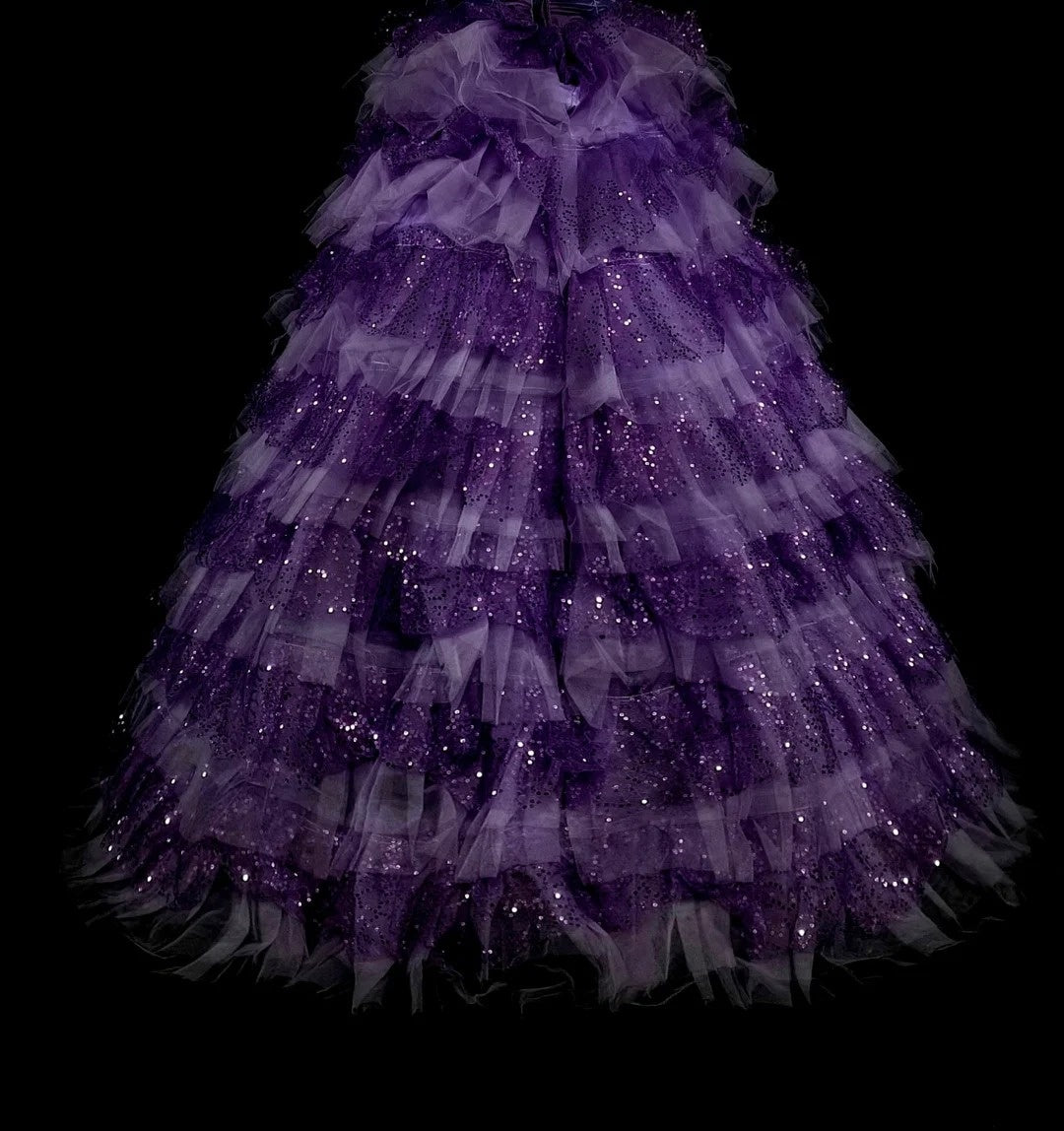 Robe de bal vintage bustier en tulle violet à volants, robe de quinceañera longue (taille 15) - N1496
