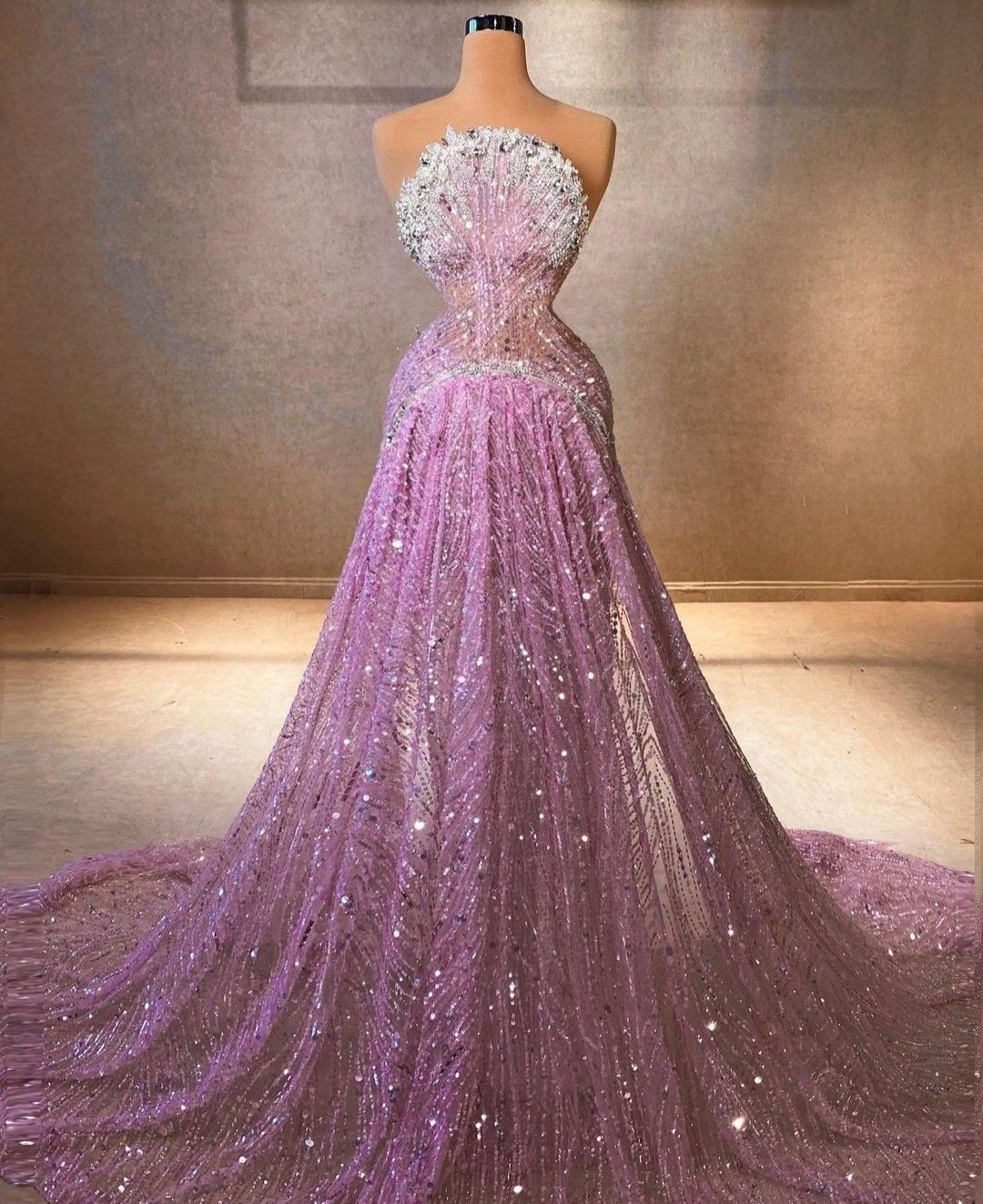 Elegantes, trägerloses, lilafarbenes Pailletten-Abendkleid in A-Linie mit silbernen Perlen, langes Partykleid AB2169