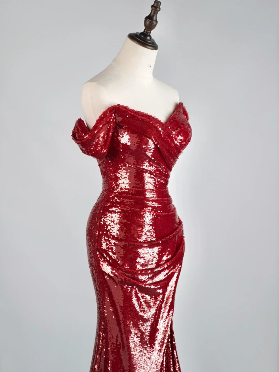 Gorgeous Burgundy Off The shoulder Mermaid Sequin With Short Sleeves Formal Evening Dress Gowns Prom Dresses N691