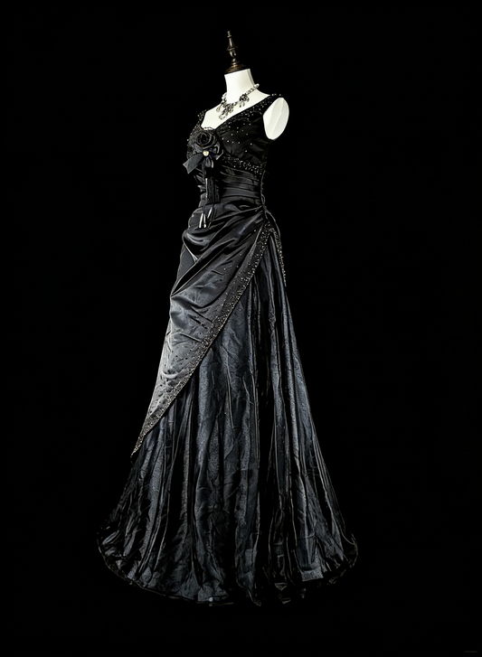 Dreamy Prom Dresses Vintage 90s With Beads V Neck A line Satin Black Long Formal Outfits N2375