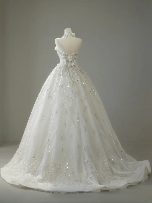 Classic Ball Gown High Neck Wedding Dresses Crystal Beading Sequin White Brides Dress Summer Bridal Gowns N276