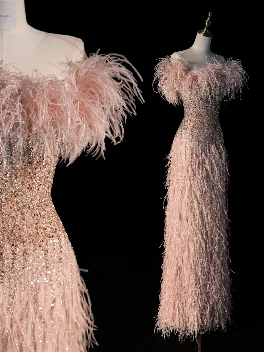 Elegantes, trägerloses, rosafarbenes Etuikleid mit Federn und Pailletten – Inspiration für Ballkleider, festliche Abendkleider, Prinzessinnenkleider N1275