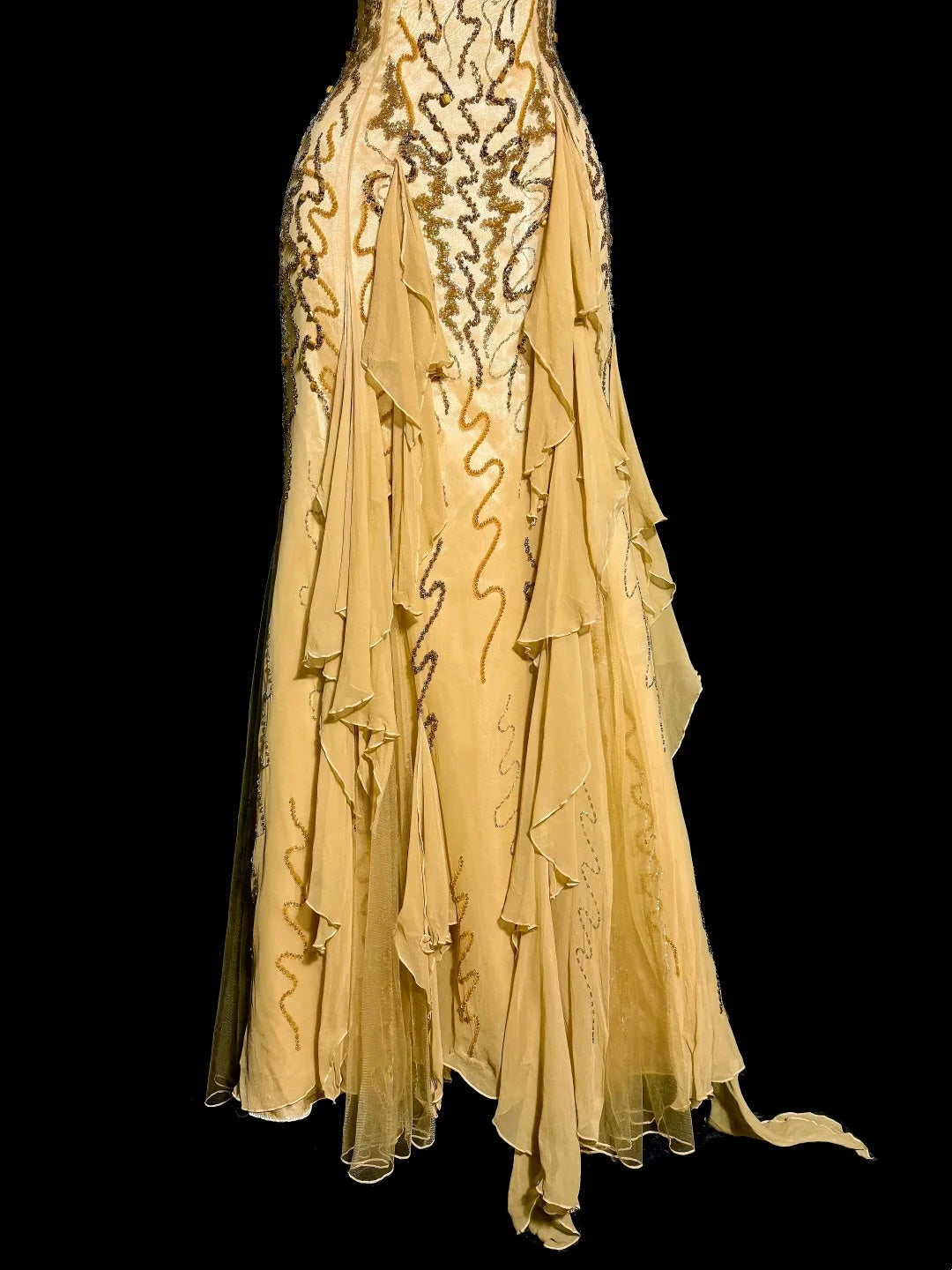 Robes de bal modestes sirène sans bretelles en mousseline dorée avec perles longue robe de soirée formelle N3863