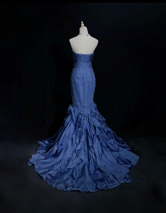 Vintage Prom Dresses Mermaid Sweetheart Navy Blue Satin With Tiered Layers 90s Long Evening Gown N2906