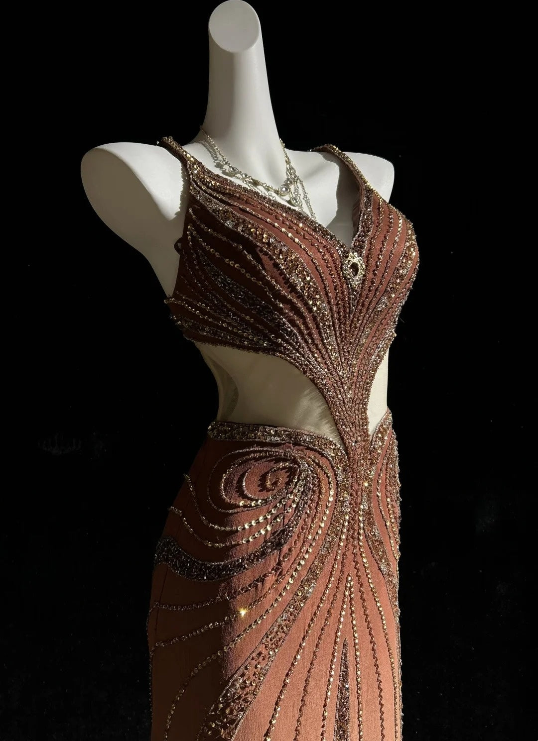 Vintage Prom Dresses 80s A Line Straps Brown Backless Chiffon Long With Beading Evening Formal Outfits RB5134