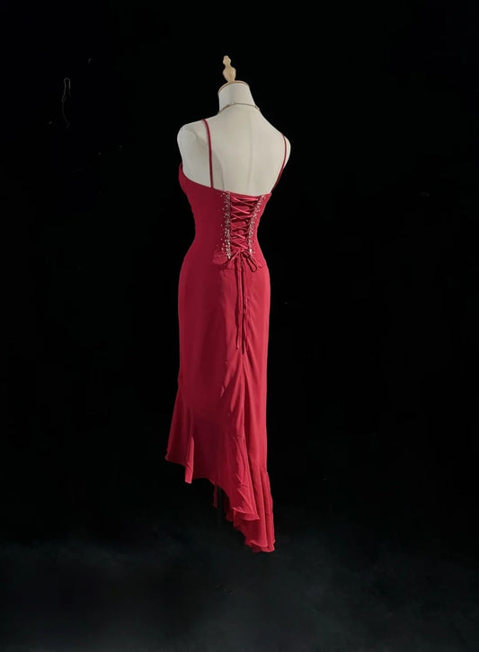 Retro Sheath Spaghetti Straps Red Irregular Tea Length Chiffon With Cape Prom Dresses Formal Party Outfits RB3953