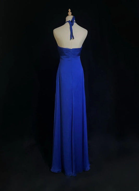 Vintage Prom Dresses A line Halter Royal Blue Chiffon With Beaded 90s Long Formal Gown N2903