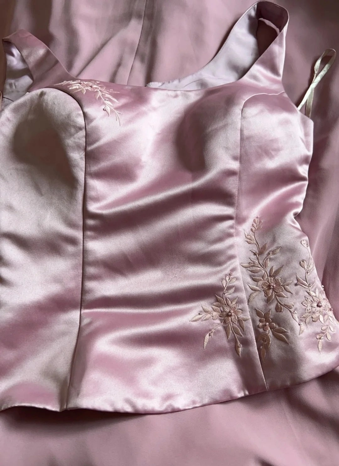 Vintage Prom Dresses A line Square Neck Pink Satin With Pearls 90s Long Formal Evening Gown N2662