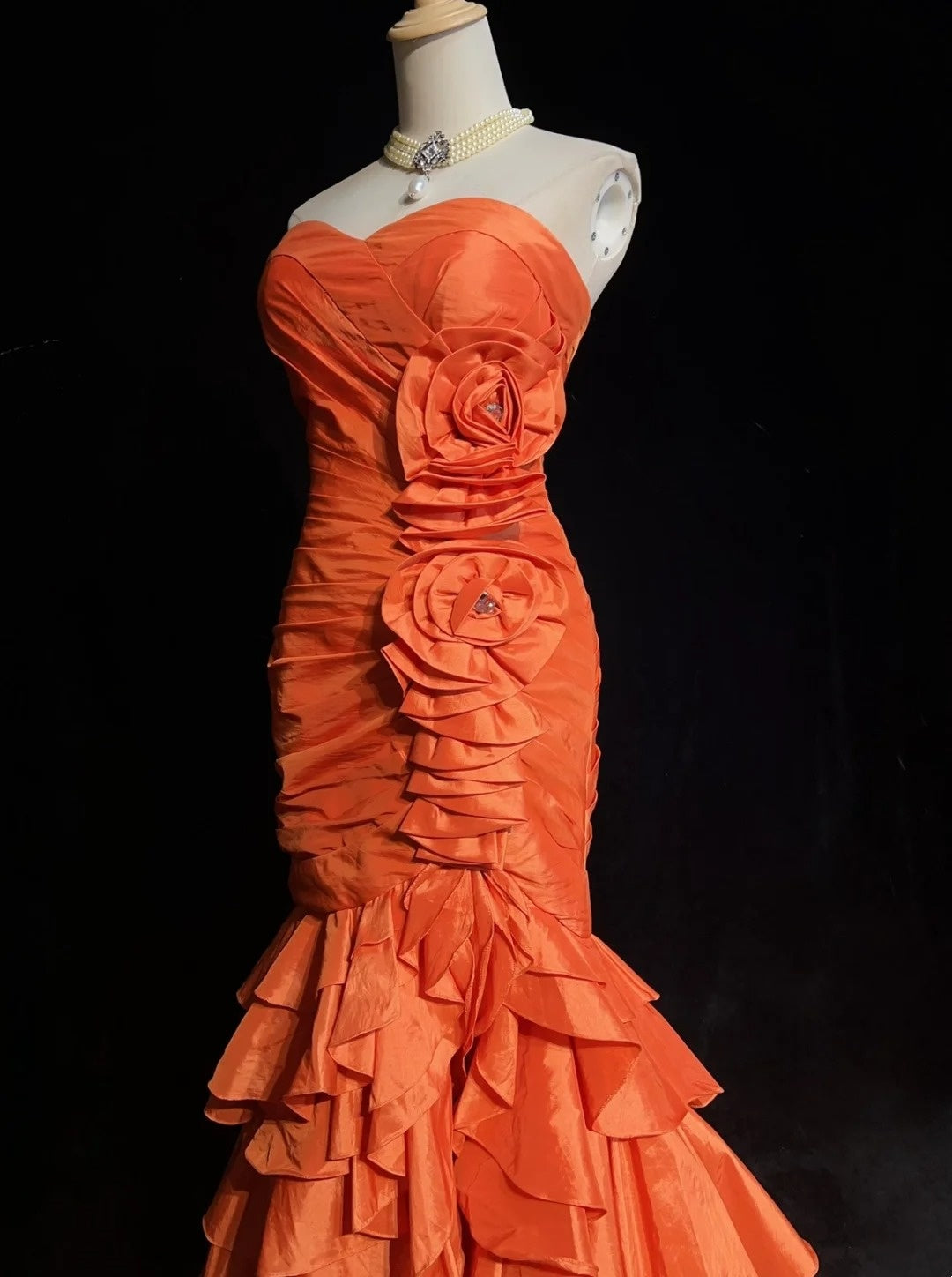 Vintage Prom Dresses Mermaid High Low Sweetheart Orange With Layered Tiered 80s Long Formal Gown N2731