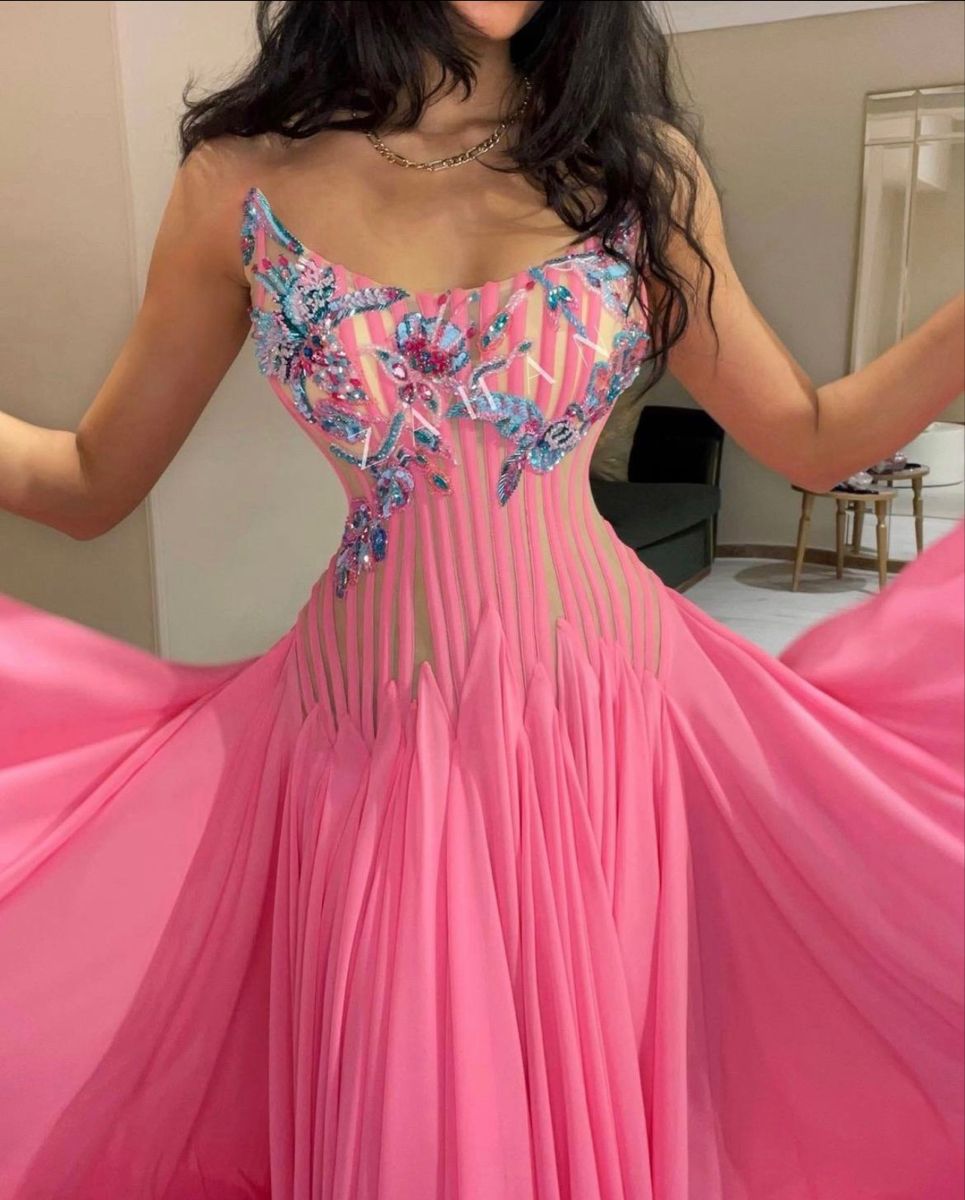 Robe de soirée en mousseline rose bustier coupe trapèze taille basse sexy pour femme AB2550
