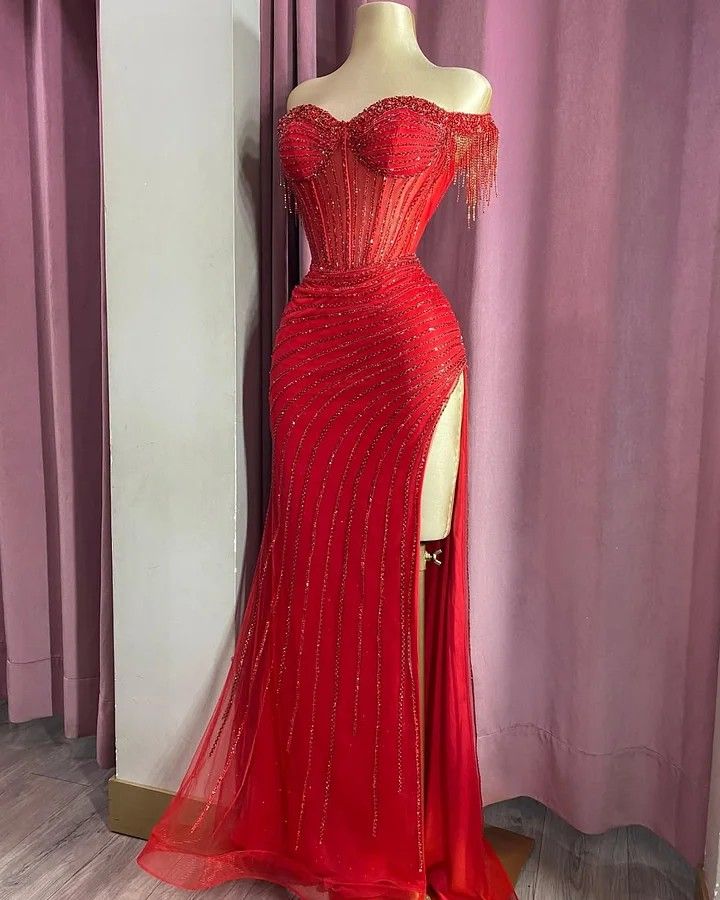 Robes de bal sirène moulantes fendues à paillettes rouges pour femmes N4108
