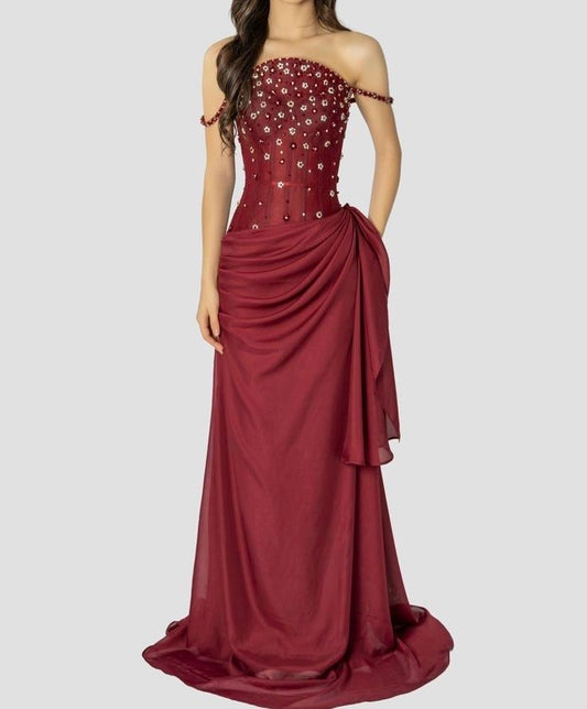 Robe de bal élégante sirène à fines bretelles, couleur bordeaux, en mousseline, idéale pour les adolescentes. Robe de soirée, modèle AB1122.